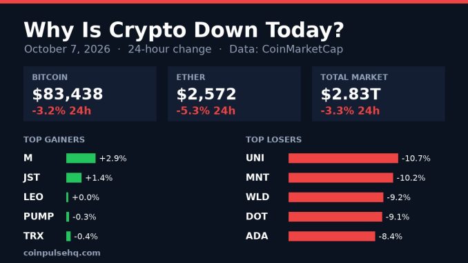 Chart card: crypto market 24-hour change on October 7, 2026 with Bitcoin, Ether, total market value and top movers