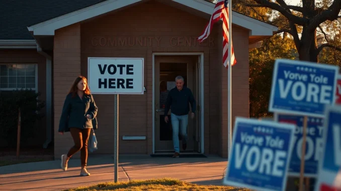 Early-voting polling site in Texas with voters walking toward the entrance