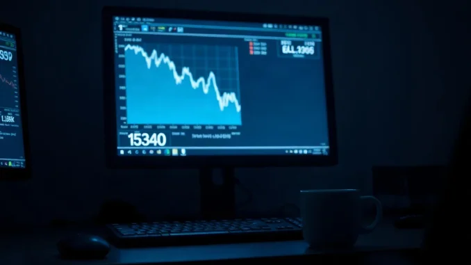 Dark trading desk with a monitor showing a steeply falling price chart