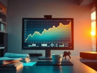 Trading desk with a monitor showing an upward price chart in warm tones, symbolising tokenized stock inflows.