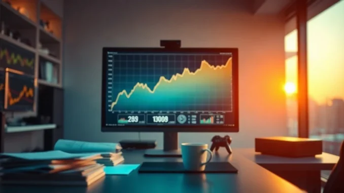 Trading desk with a monitor showing an upward price chart in warm tones, symbolising tokenized stock inflows.