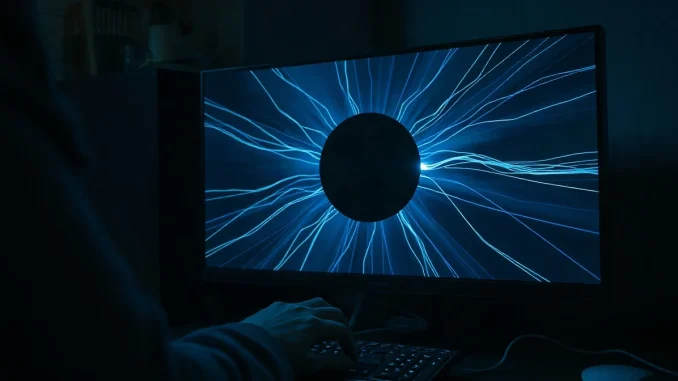 Analyst monitor showing dark transaction flows funneling into an opaque shielded pool