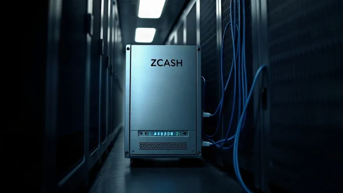 A Zcash network node server in a dimly lit data center aisle with blue indicator lights