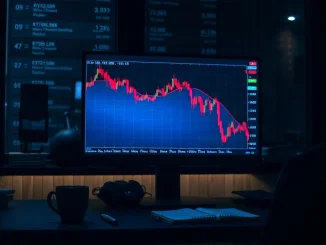 Trading desk monitor showing a declining price chart in a dimly lit office at night
