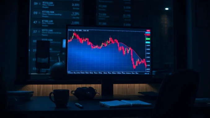 Trading desk monitor showing a declining price chart in a dimly lit office at night